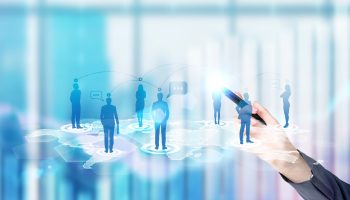 Businesswoman hand pointing at human silhouette icon on networking system