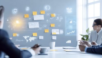 A modern office scene showcasing diverse professionals collaboratively planning strategies with sticky notes and digital analytics displayed, emphasizing teamwork and innovation.